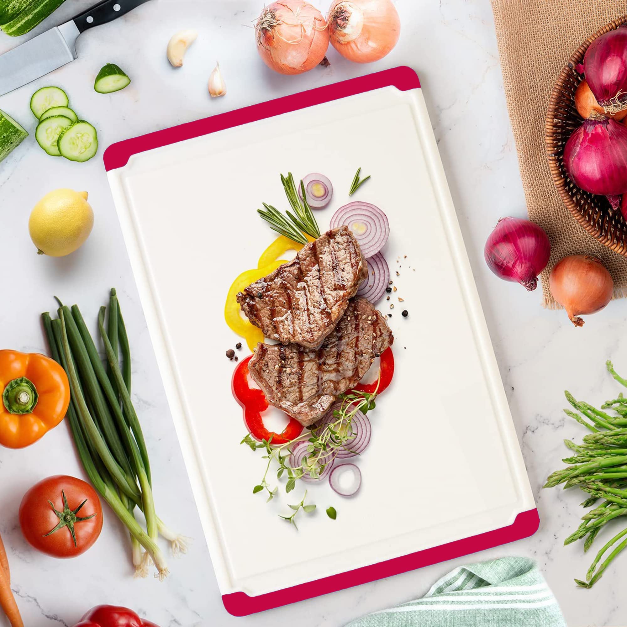 Belwares large thick plastic board resists warping during heavy chopping.