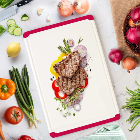 Belwares large thick plastic board resists warping during heavy chopping.