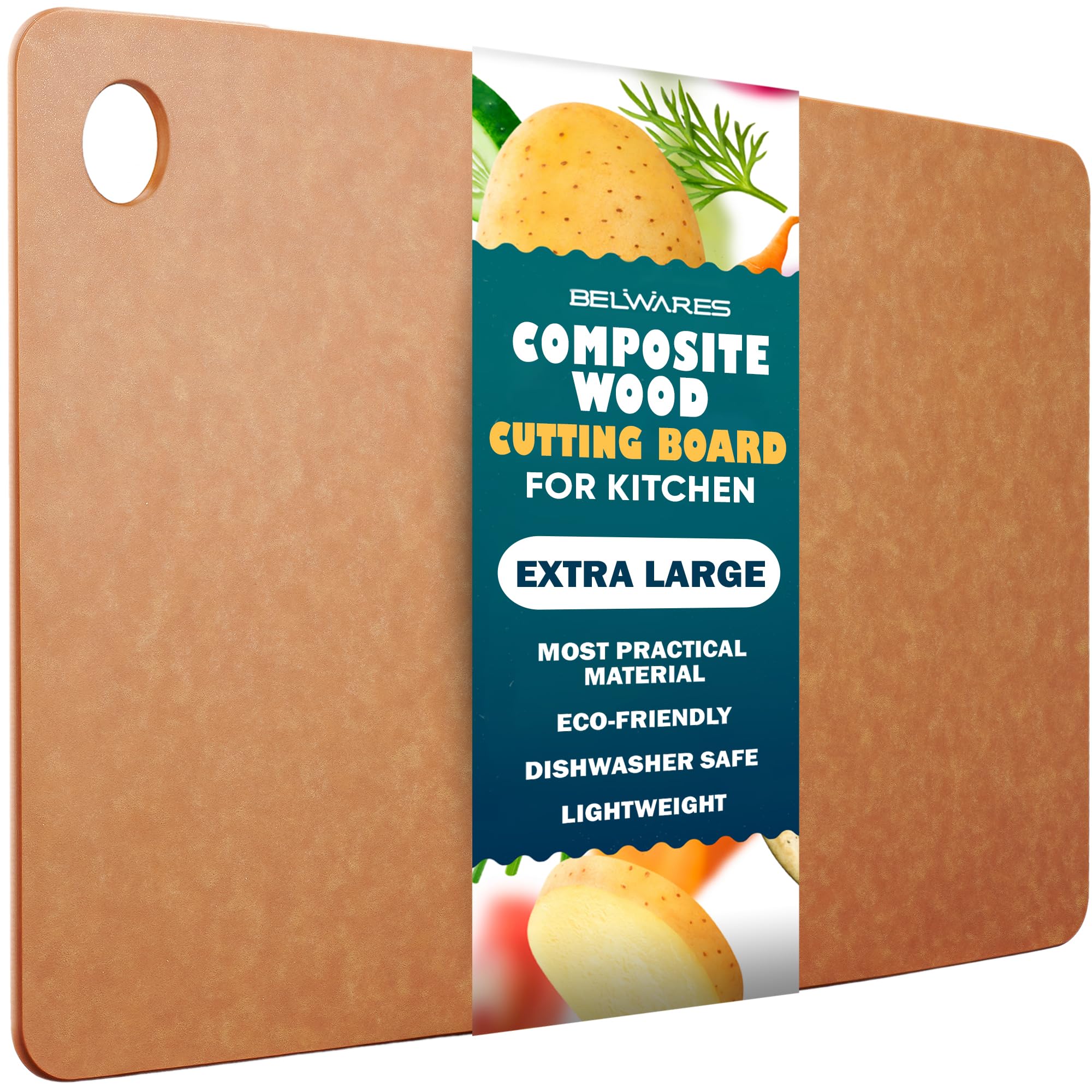 Belwares dishwasher-safe natural cutting board 18x12 for quick cleanup after prep.
