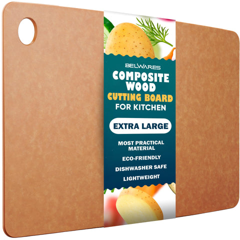 Belwares dishwasher-safe natural cutting board 18x12 for quick cleanup after prep.