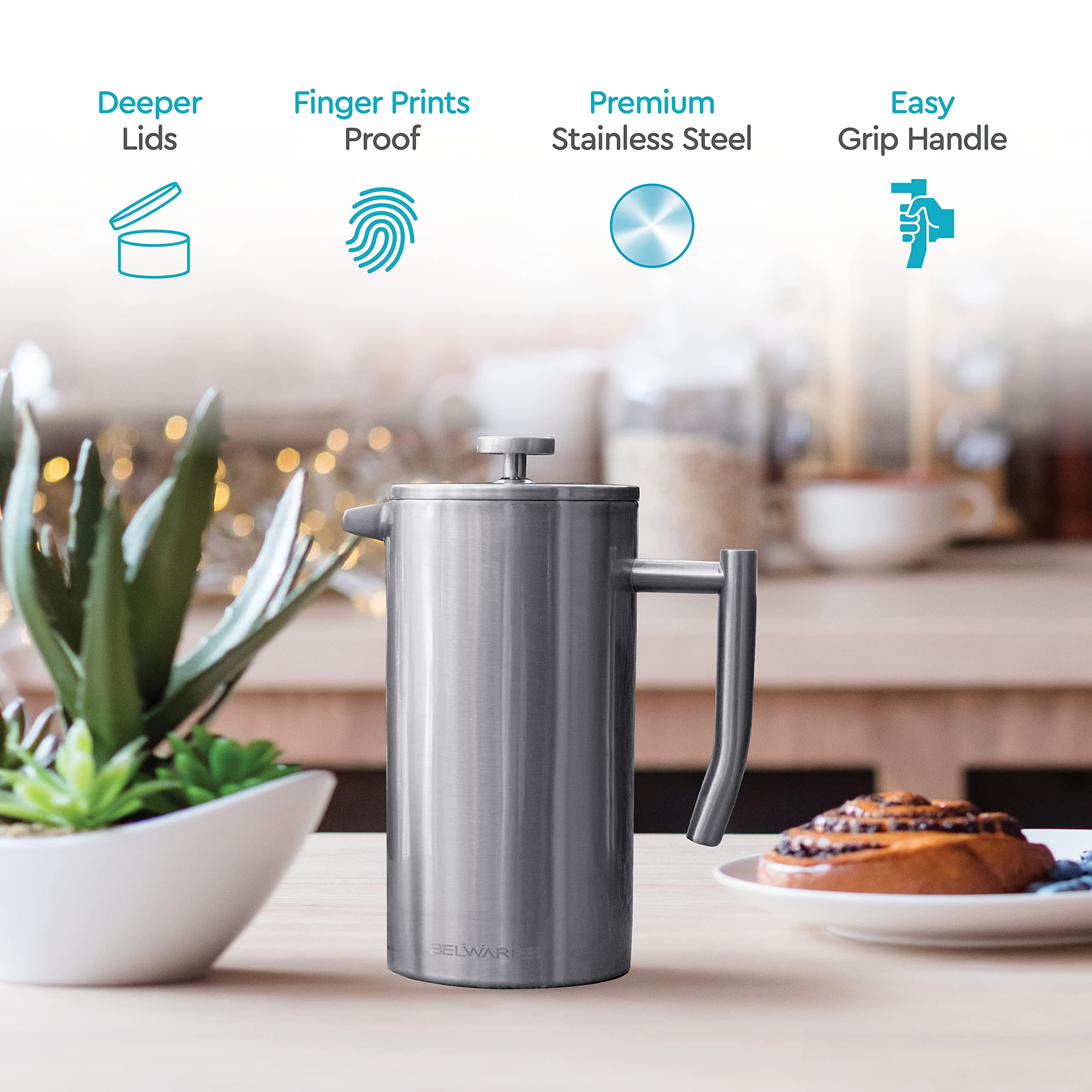 Belwares double-wall stainless exterior stays cooler to touch