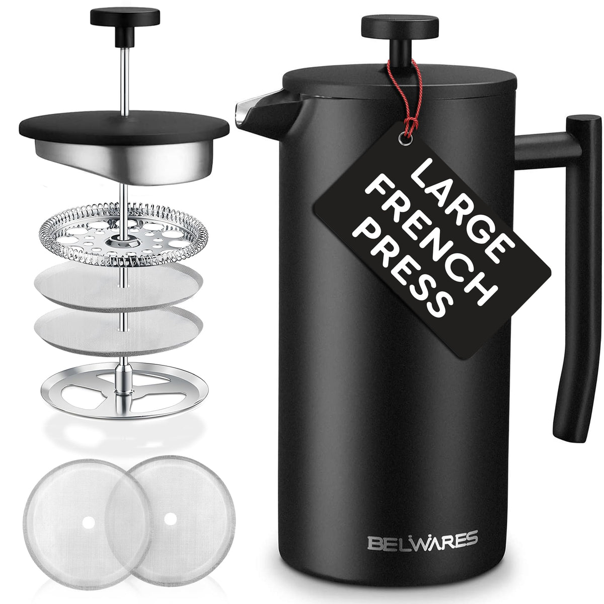 Belwares French Press 50oz black front view showing large capacity for family servings