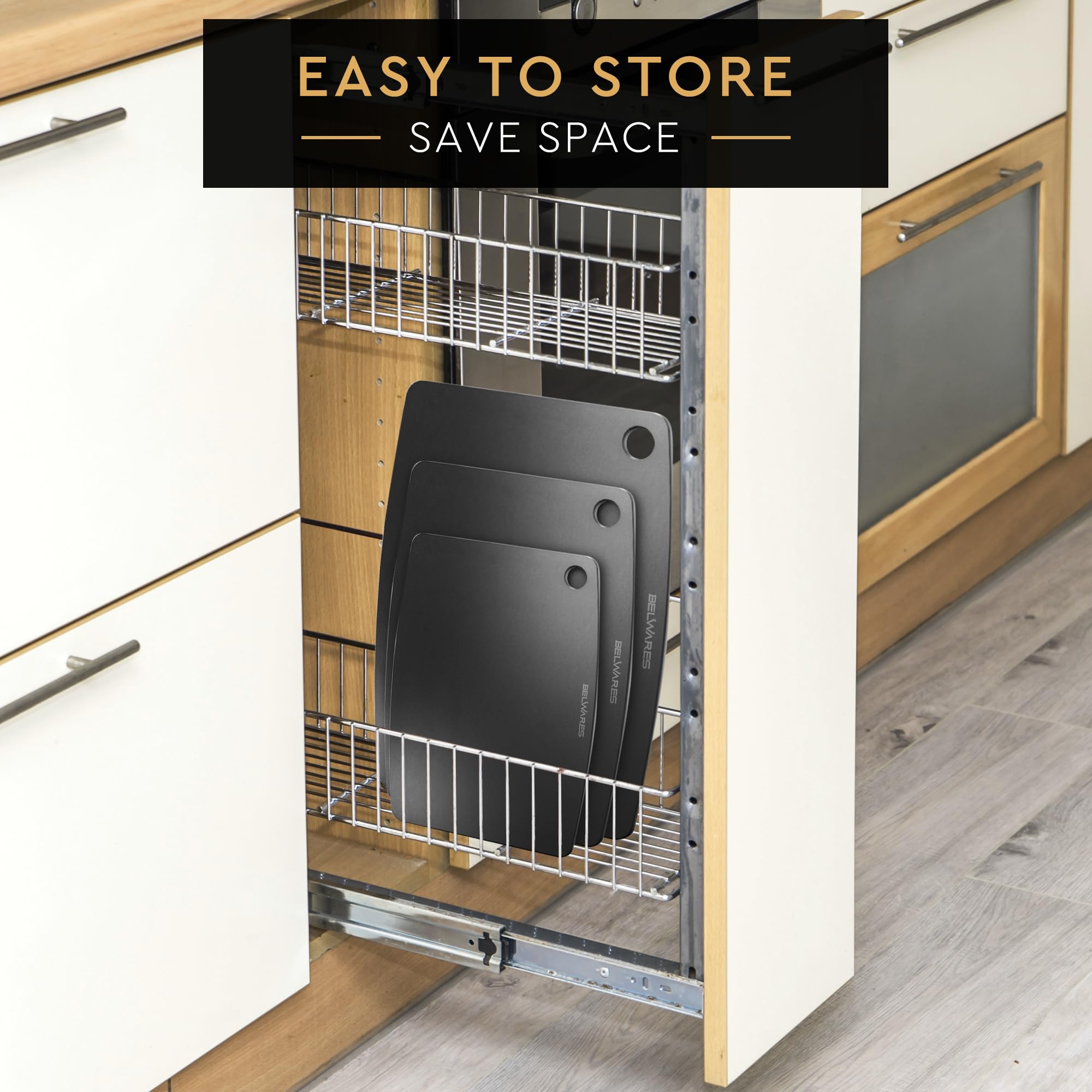 Belwares cutting board with hanging hole for easy storage.