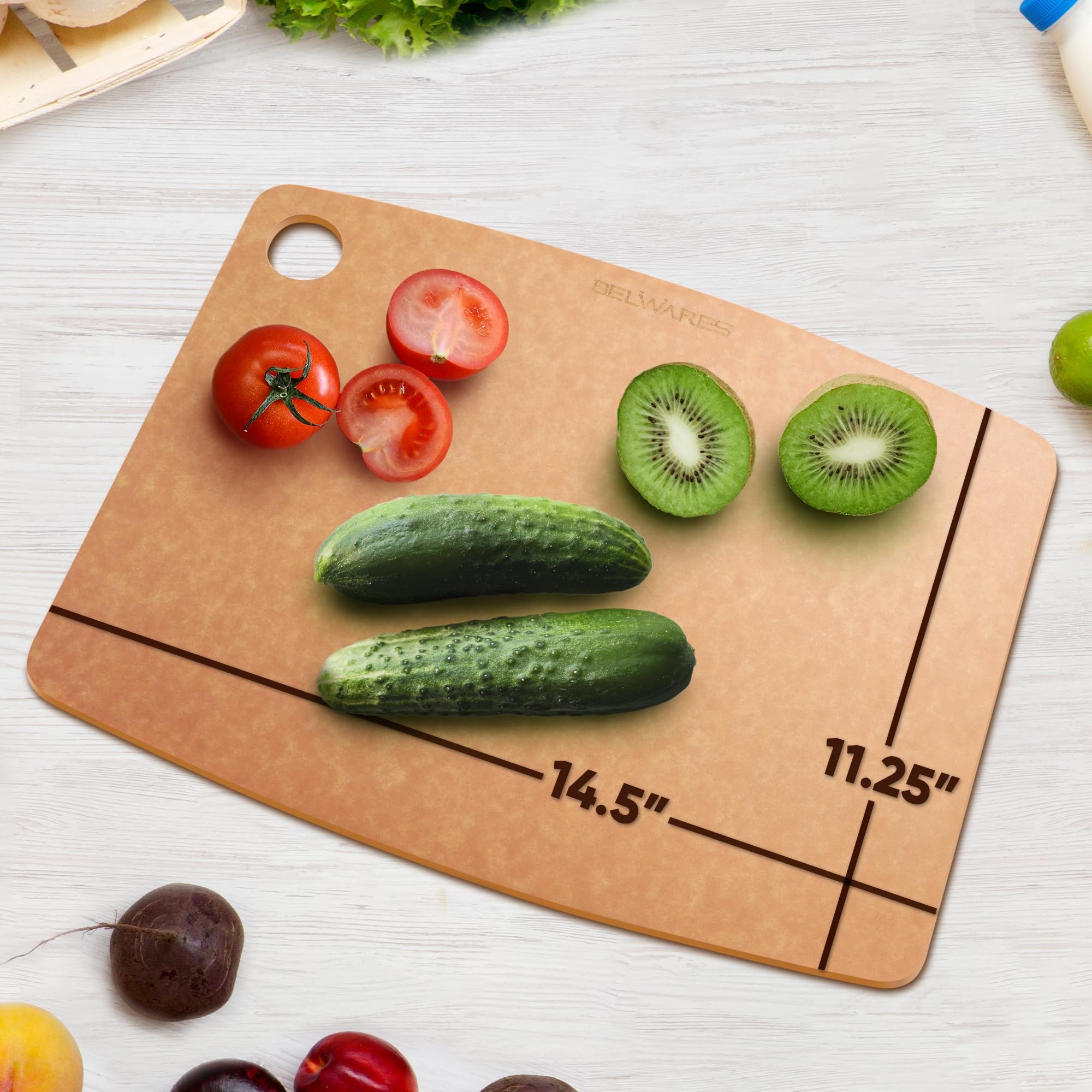 Belwares cutting board with hanging hole for easy storage and organized kitchen