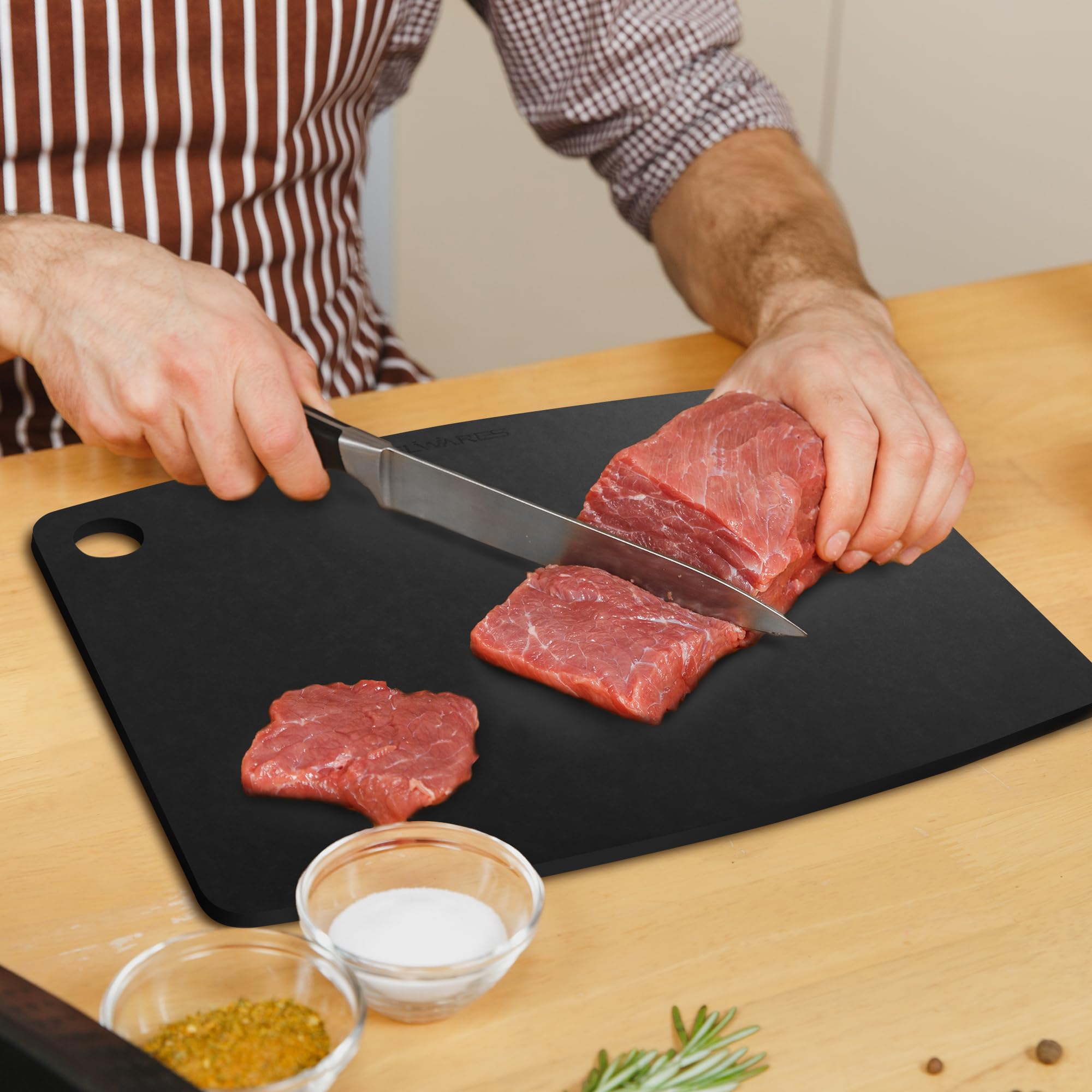 Belwares cutting board protects knives and reduces marks during prep.