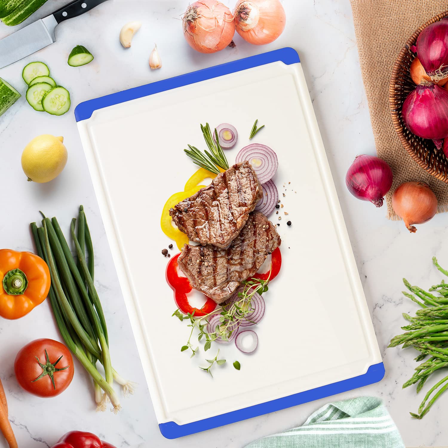 Belwares blue cutting board is dishwasher safe for quick cleanup