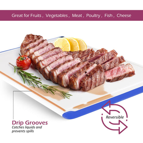 Belwares blue cutting board with easy grip handles for safe lifting