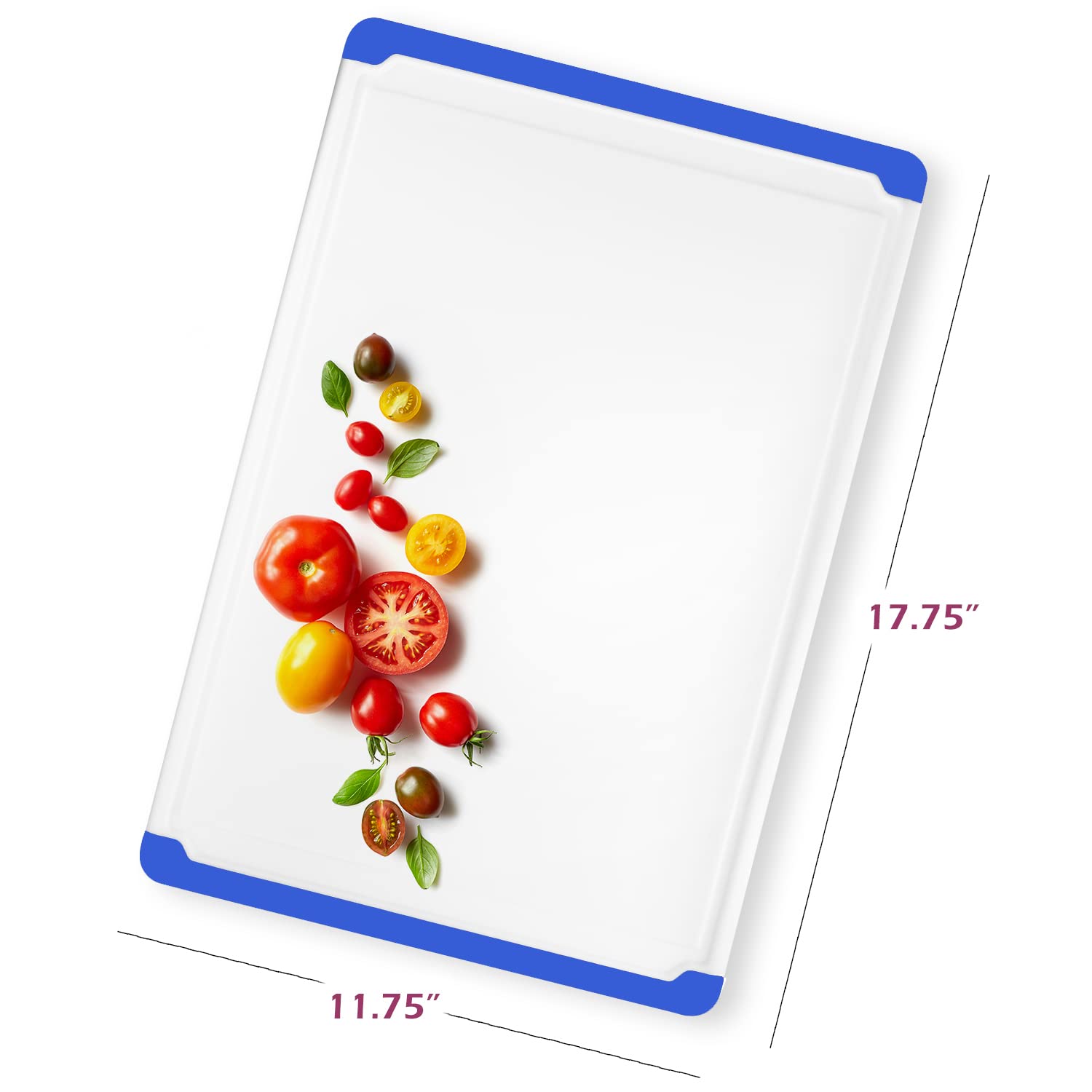 Belwares blue cutting board with juice grooves catching liquids during chopping
