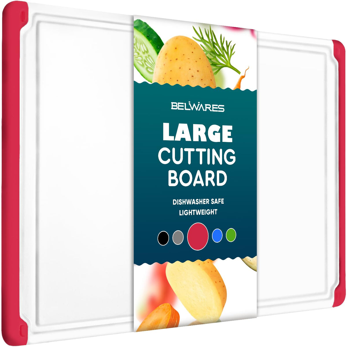 Belwares large red cutting board, top view for easy slicing and kitchen organization.