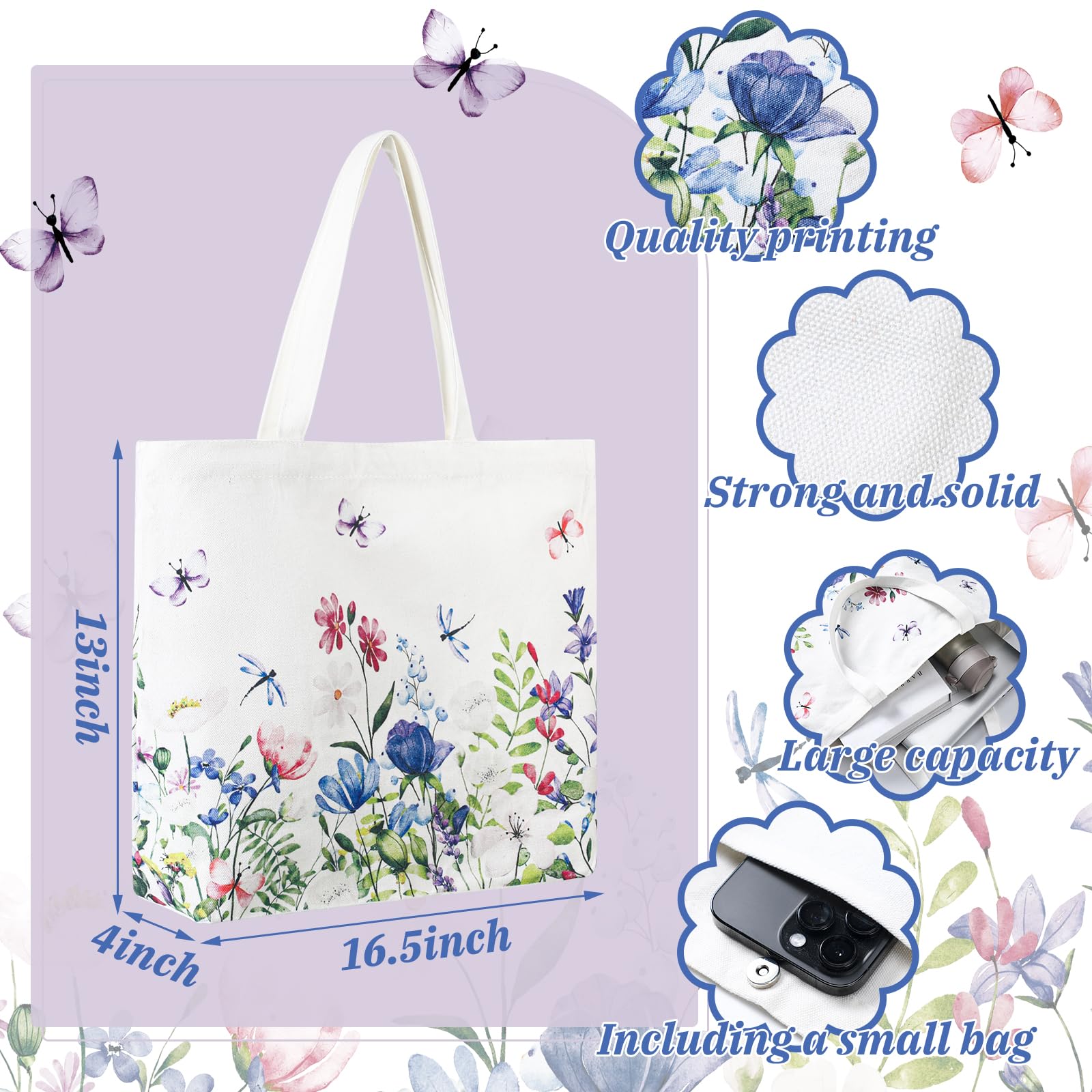 Bencailor floral canvas tote with lilac pattern offers durable, reusable daily carry