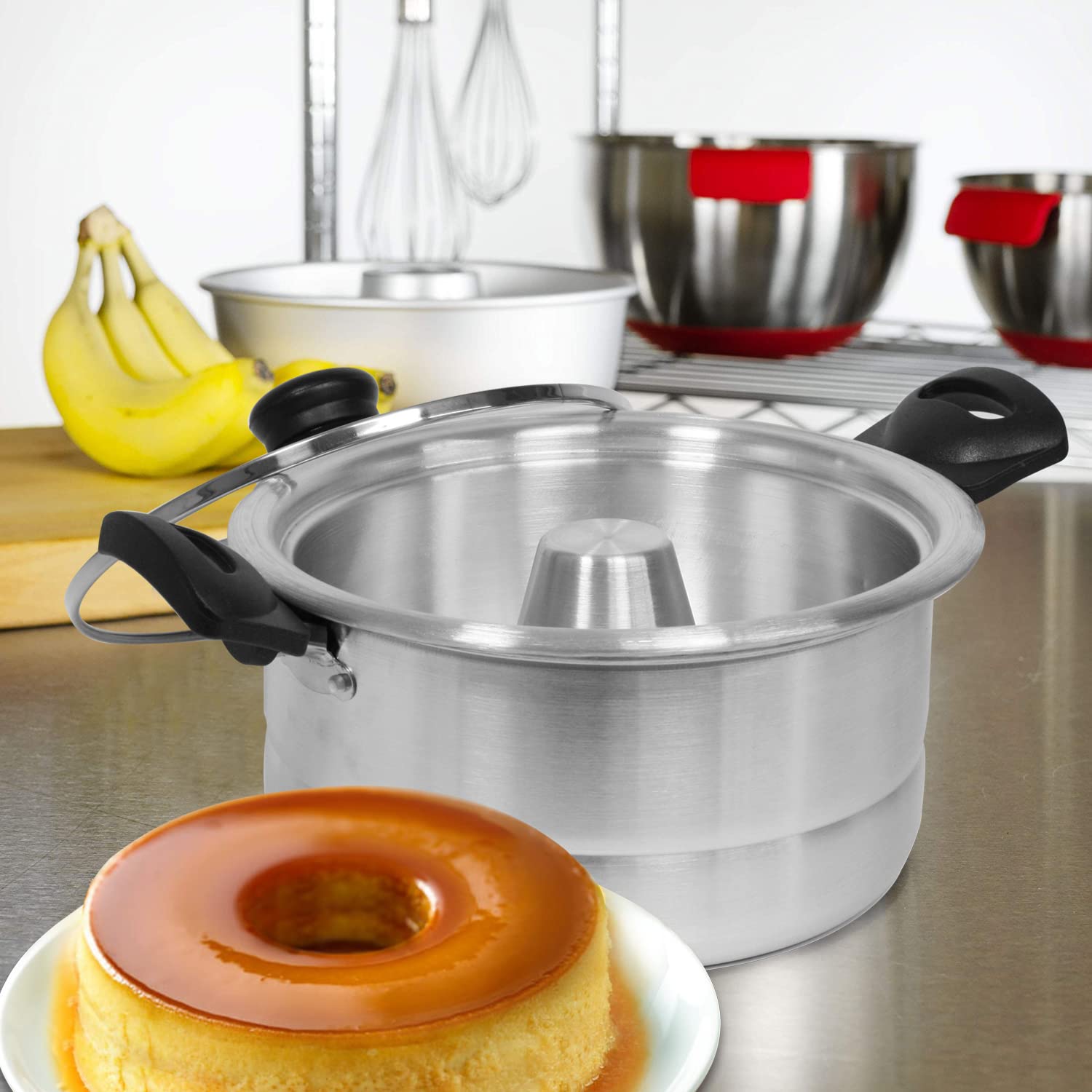 Bene Casa flan mold with glass lid for consistent heating and easy viewing.
