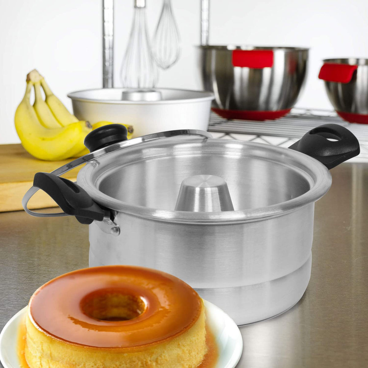 Bene Casa flan mold with glass lid for consistent heating and easy viewing.