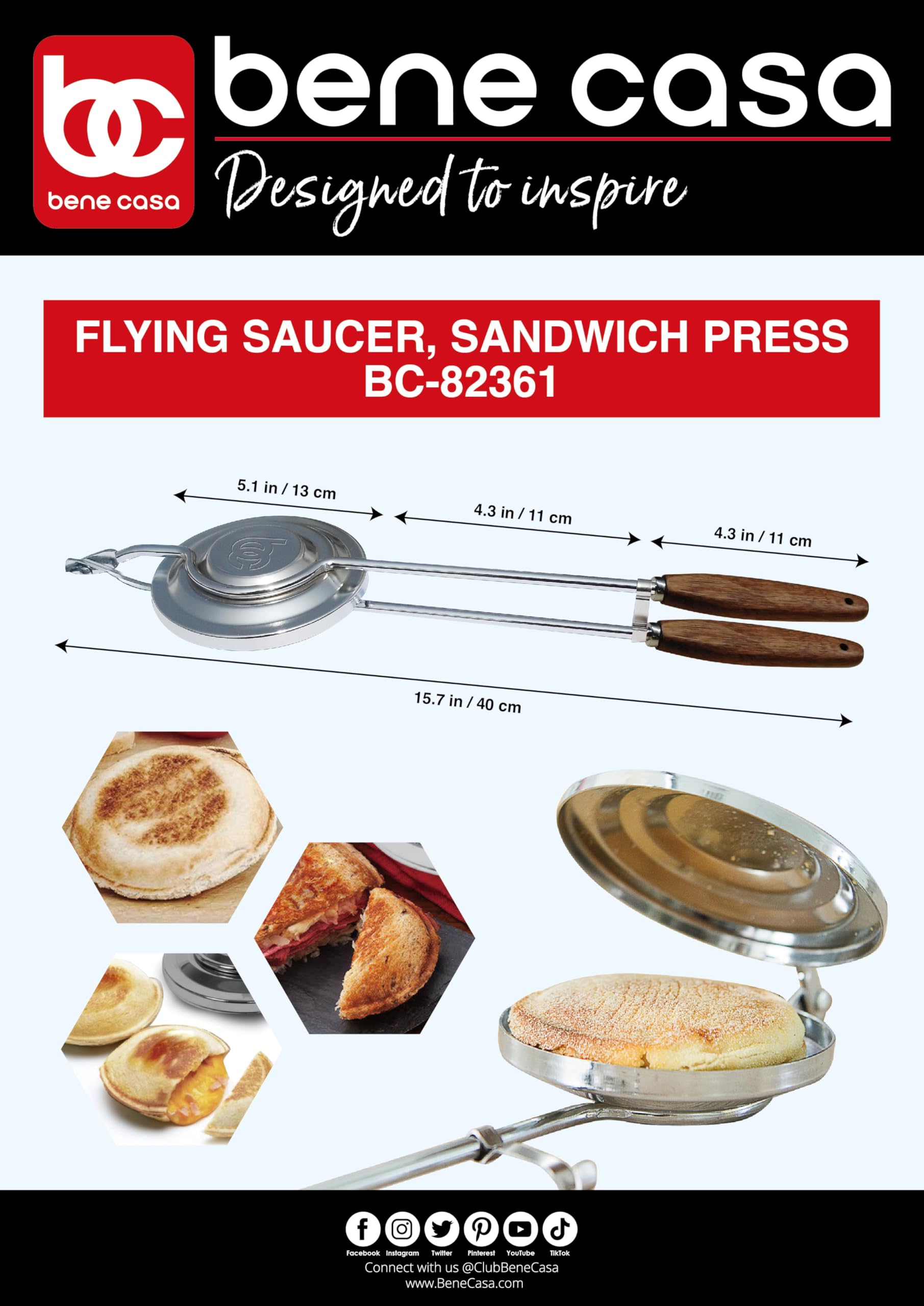 Bene Casa Flying Saucer Press, full unit, ideal for outdoor sandwich grilling.