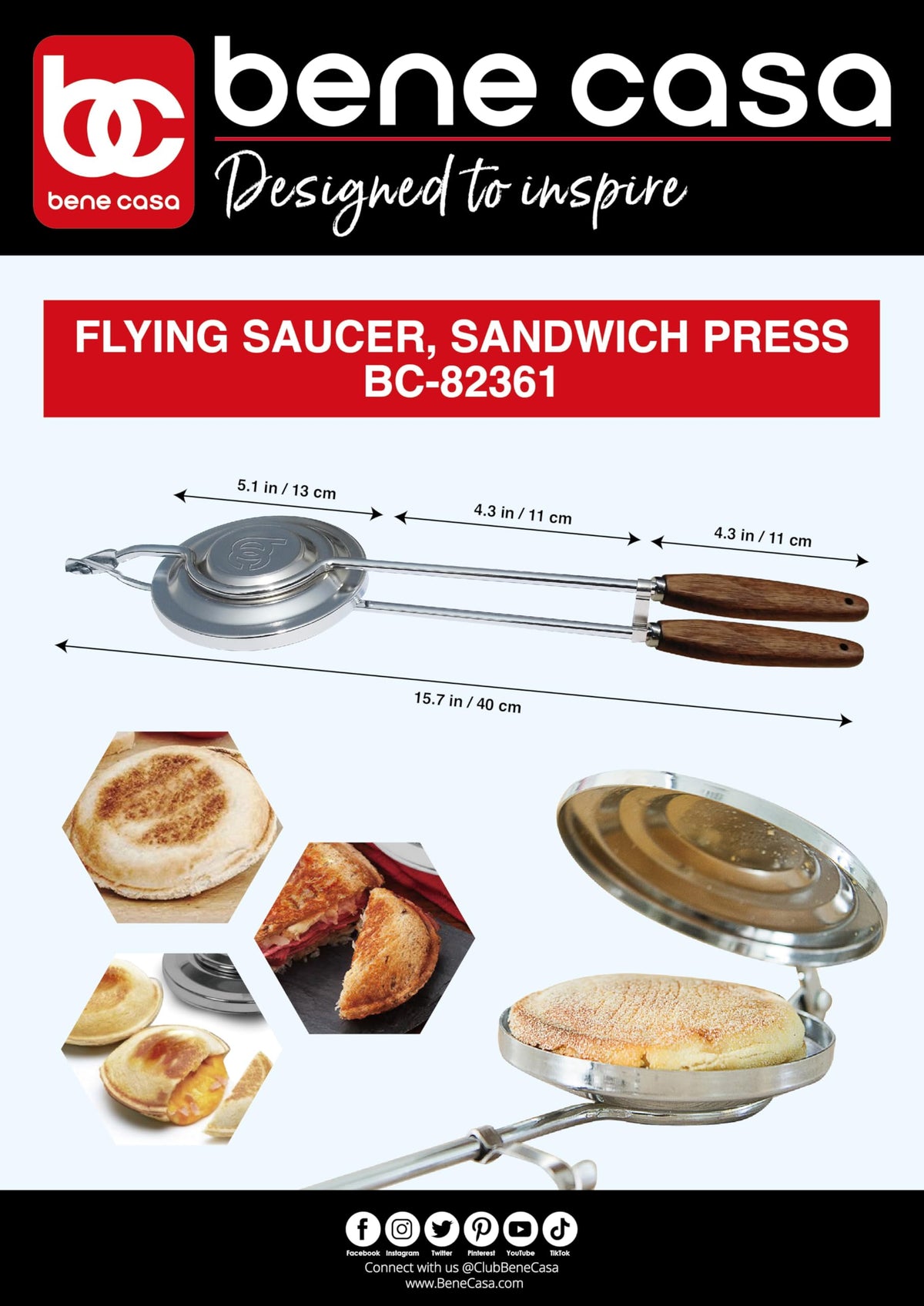 Bene Casa Flying Saucer Press, full unit, ideal for outdoor sandwich grilling.