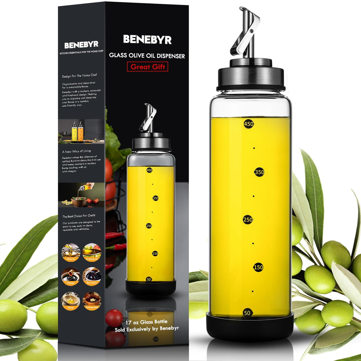 BENEBYR glass olive oil dispenser bottle pour for a precise, drip-free flow
