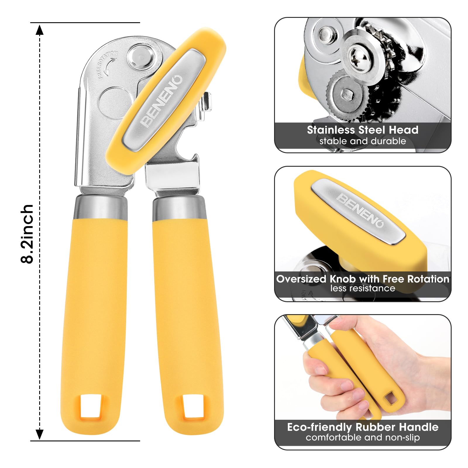 Beneno can opener close-up showing razor-sharp blade and precision gears for smooth cutting