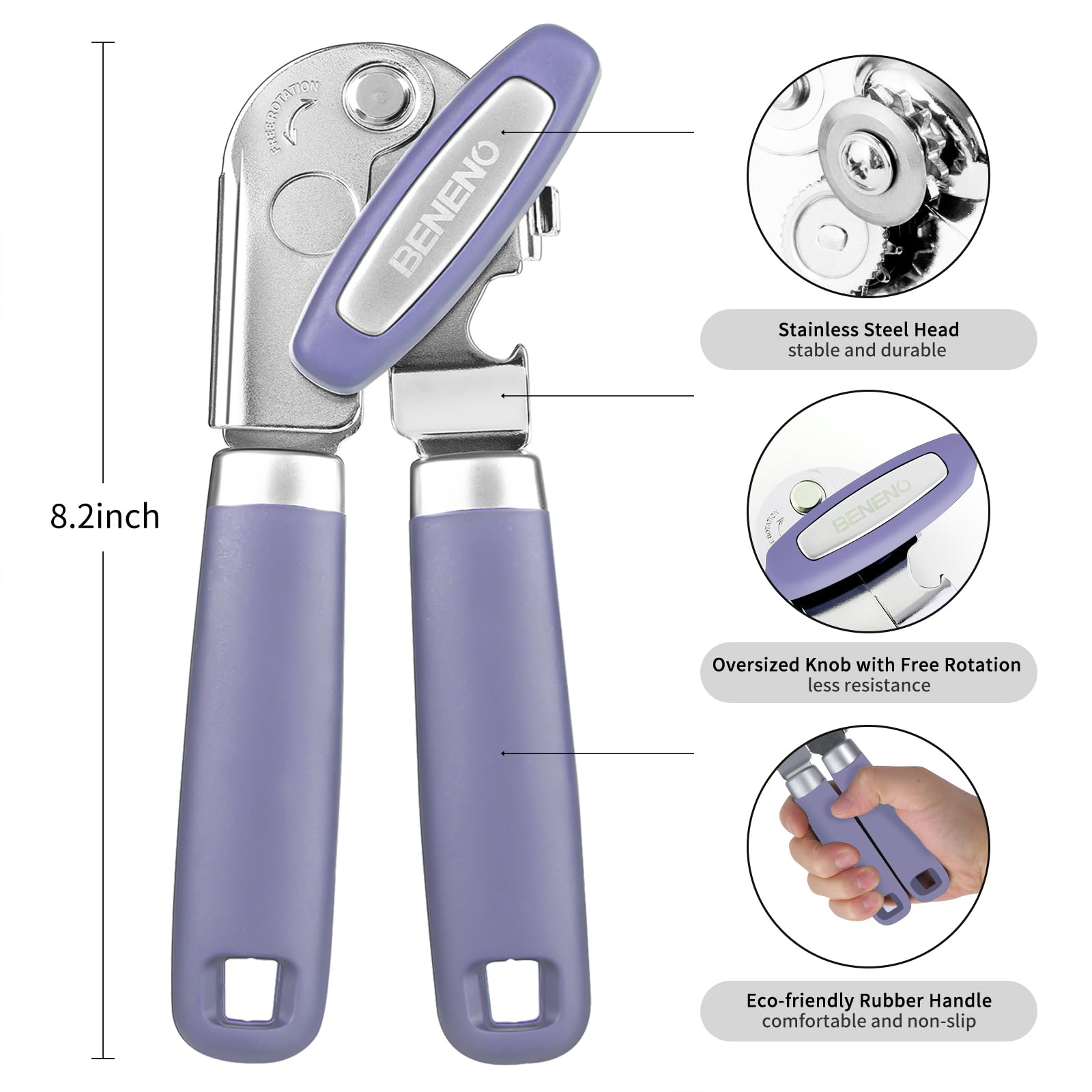 Beneno can opener features soft-grip handle for comfortable use