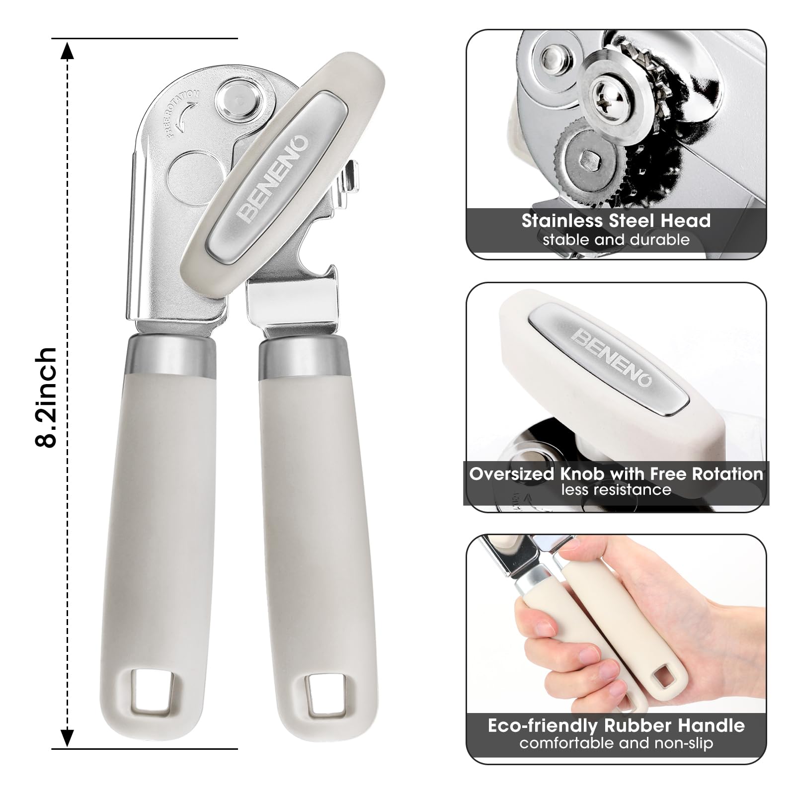 Beneno can opener shows soft grip handle for comfortable, non-slip operation.