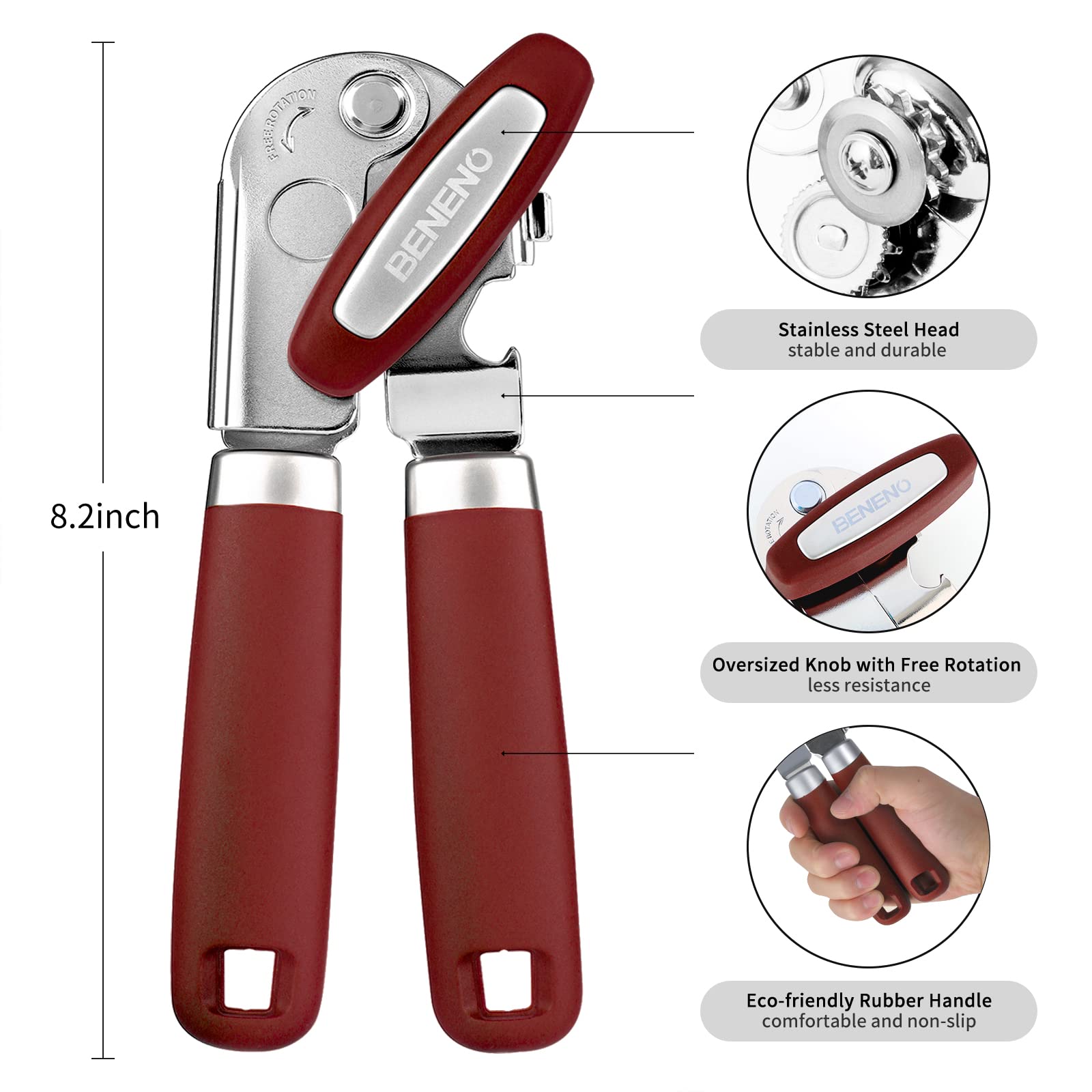 Beneno ergonomic soft-grip handle reduces hand fatigue during can opening.