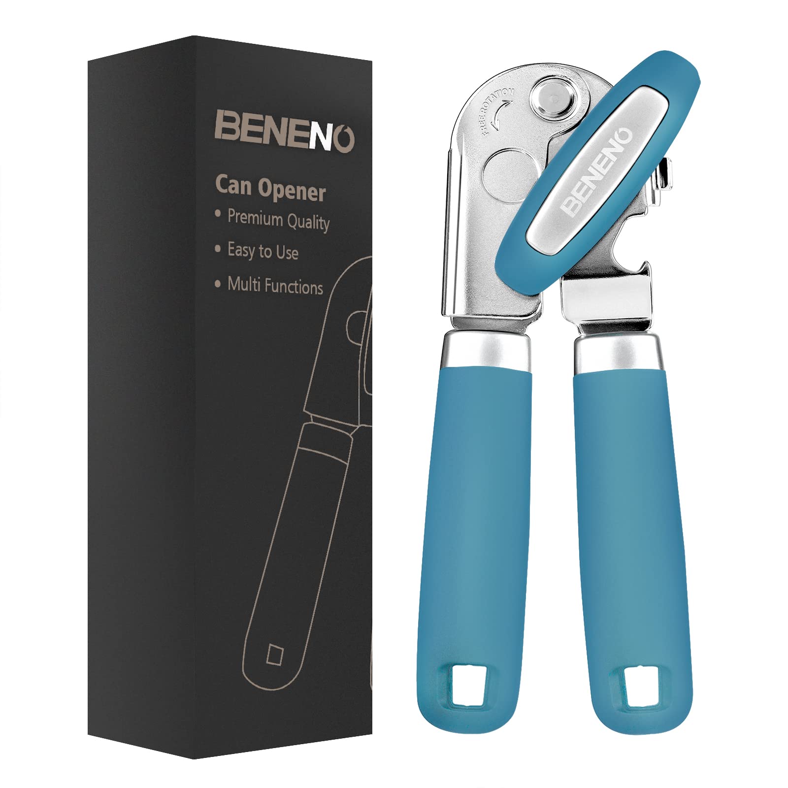 Beneno heavy-duty can opener with magnet for safe lid lifting.