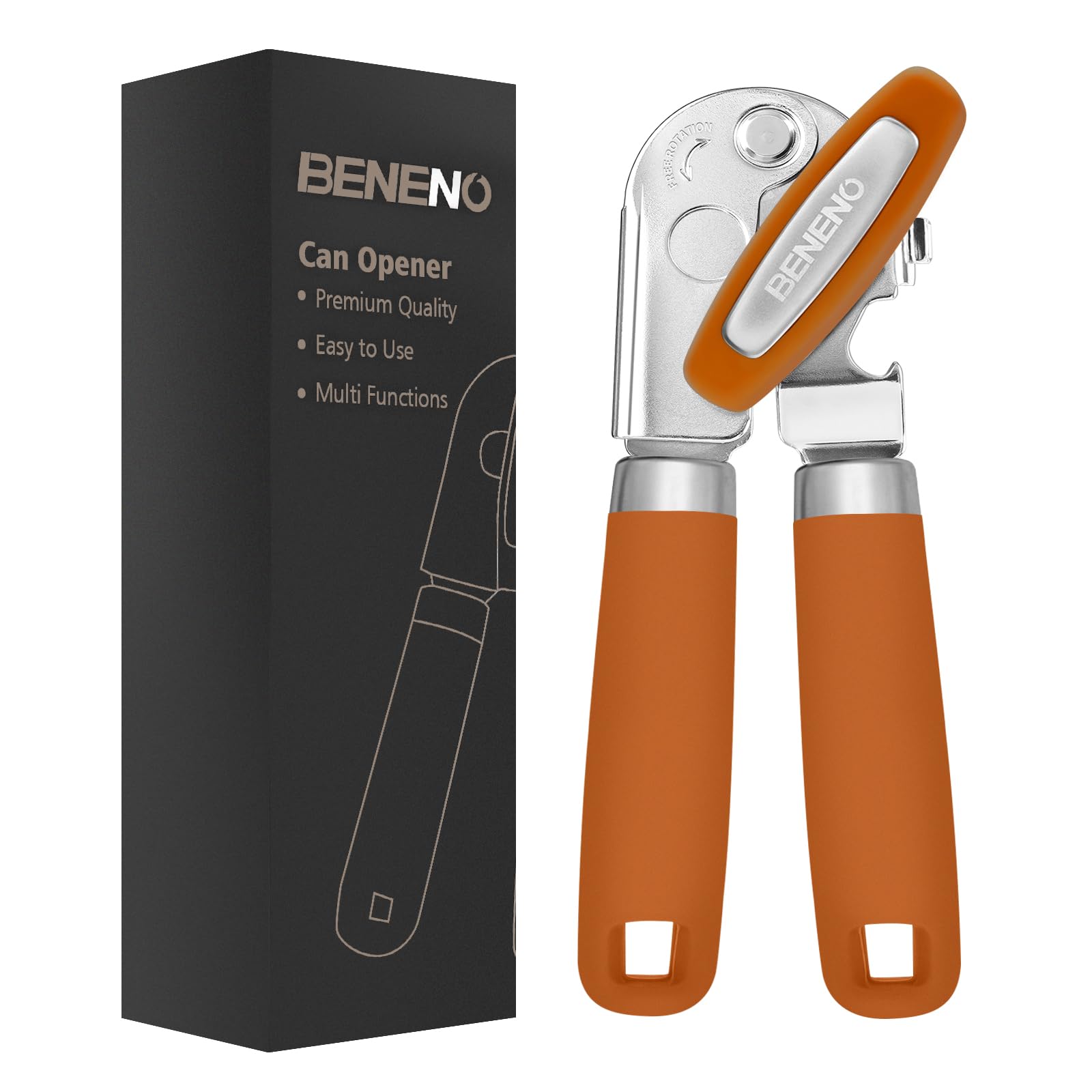 Beneno heavy-duty can opener with magnet safely lifts lids after cutting.