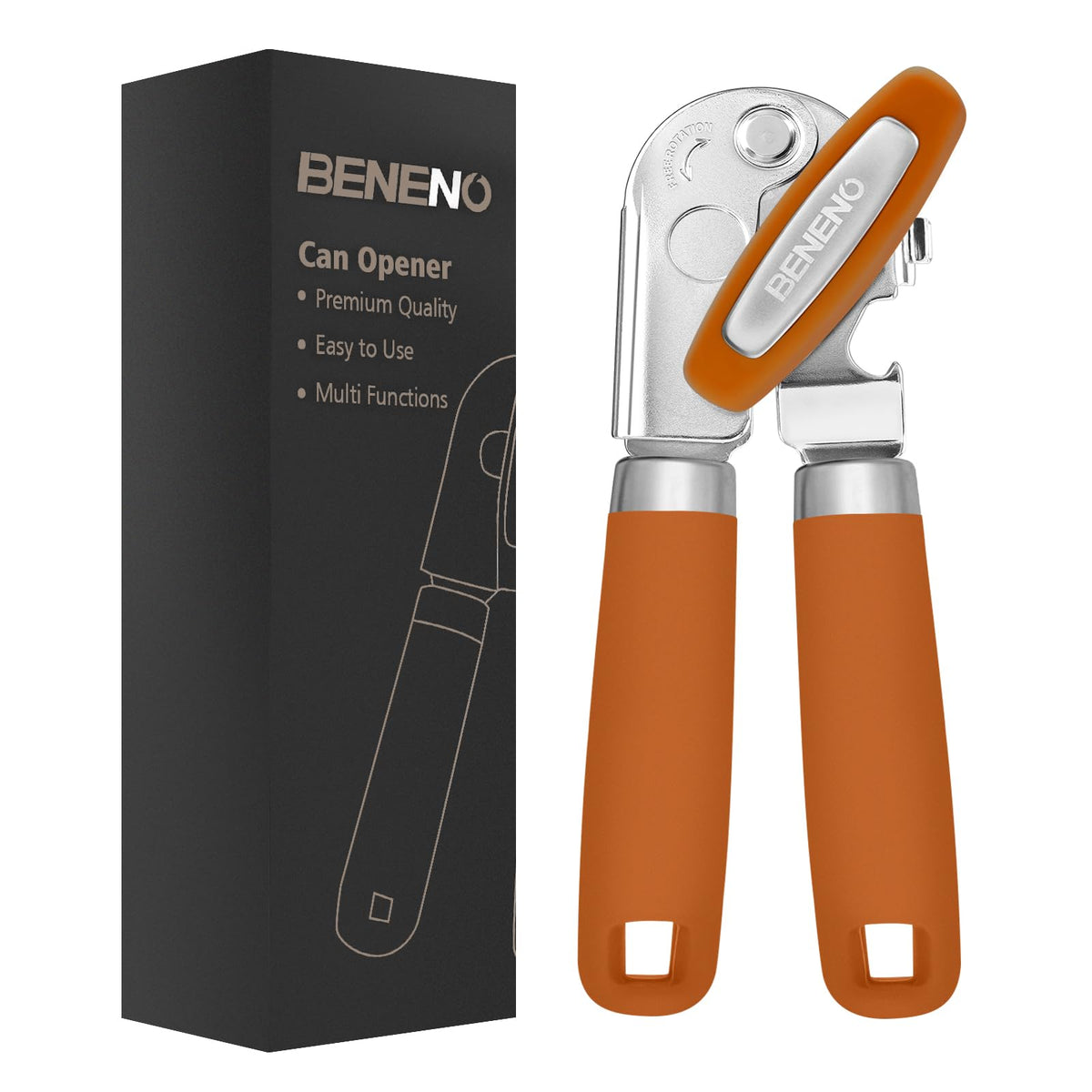 Beneno heavy-duty can opener with magnet safely lifts lids after cutting.