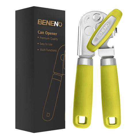 Beneno heavy-duty can opener with magnet safely lifts lids after cutting.