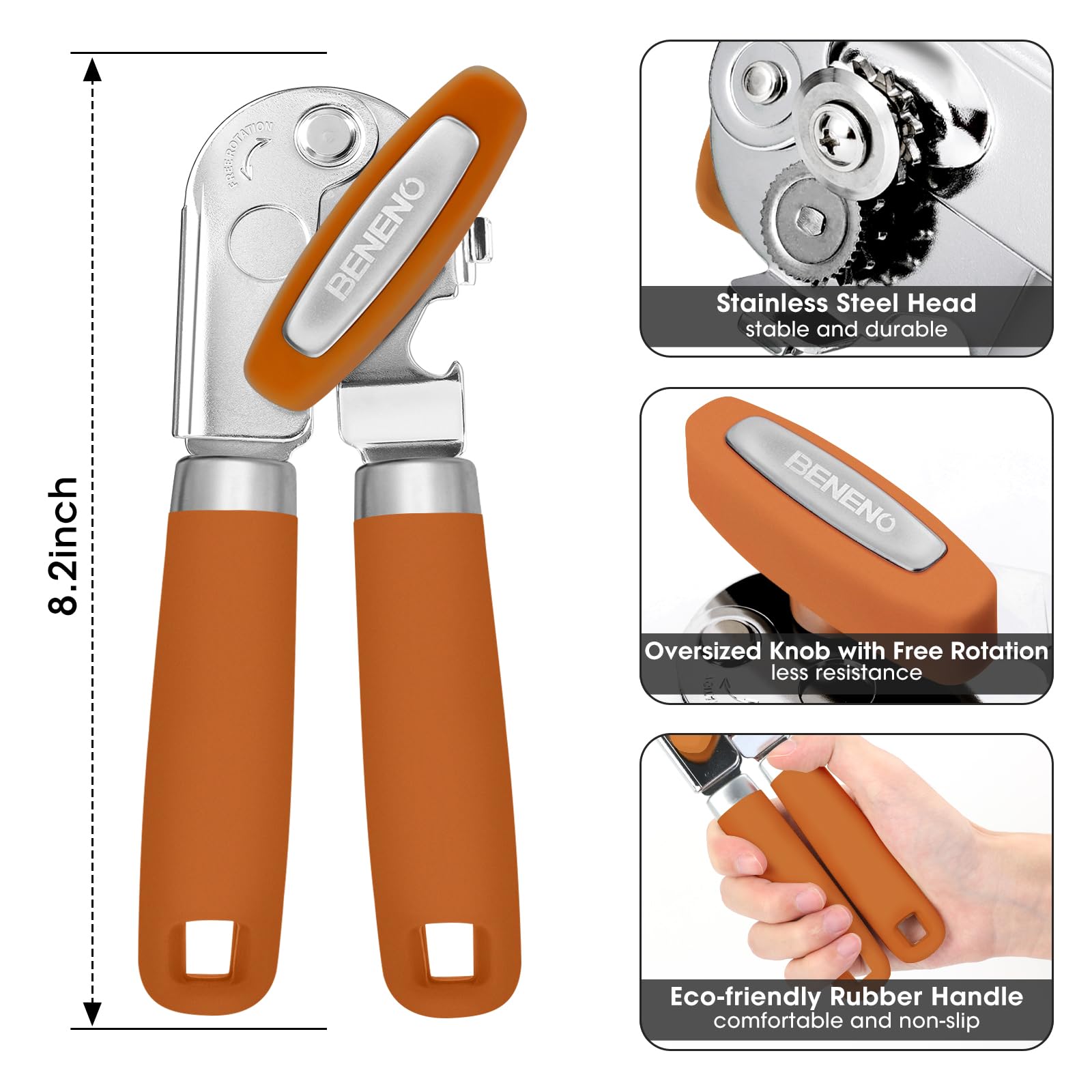 Beneno can opener with soft-grip handle improves comfort during use.
