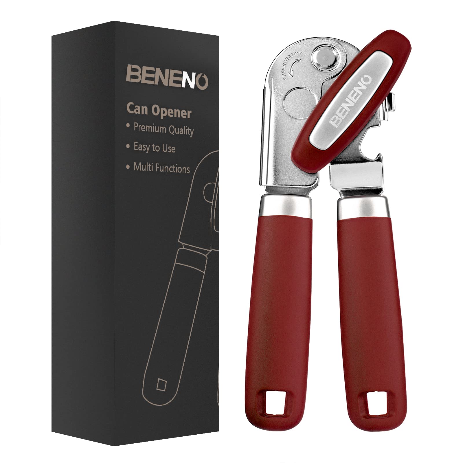 Beneno heavy-duty hand can opener with magnet for smooth-cut operation and lid removal.