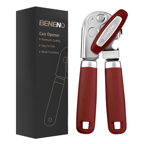 Beneno heavy-duty hand can opener with magnet for smooth-cut operation and lid removal.