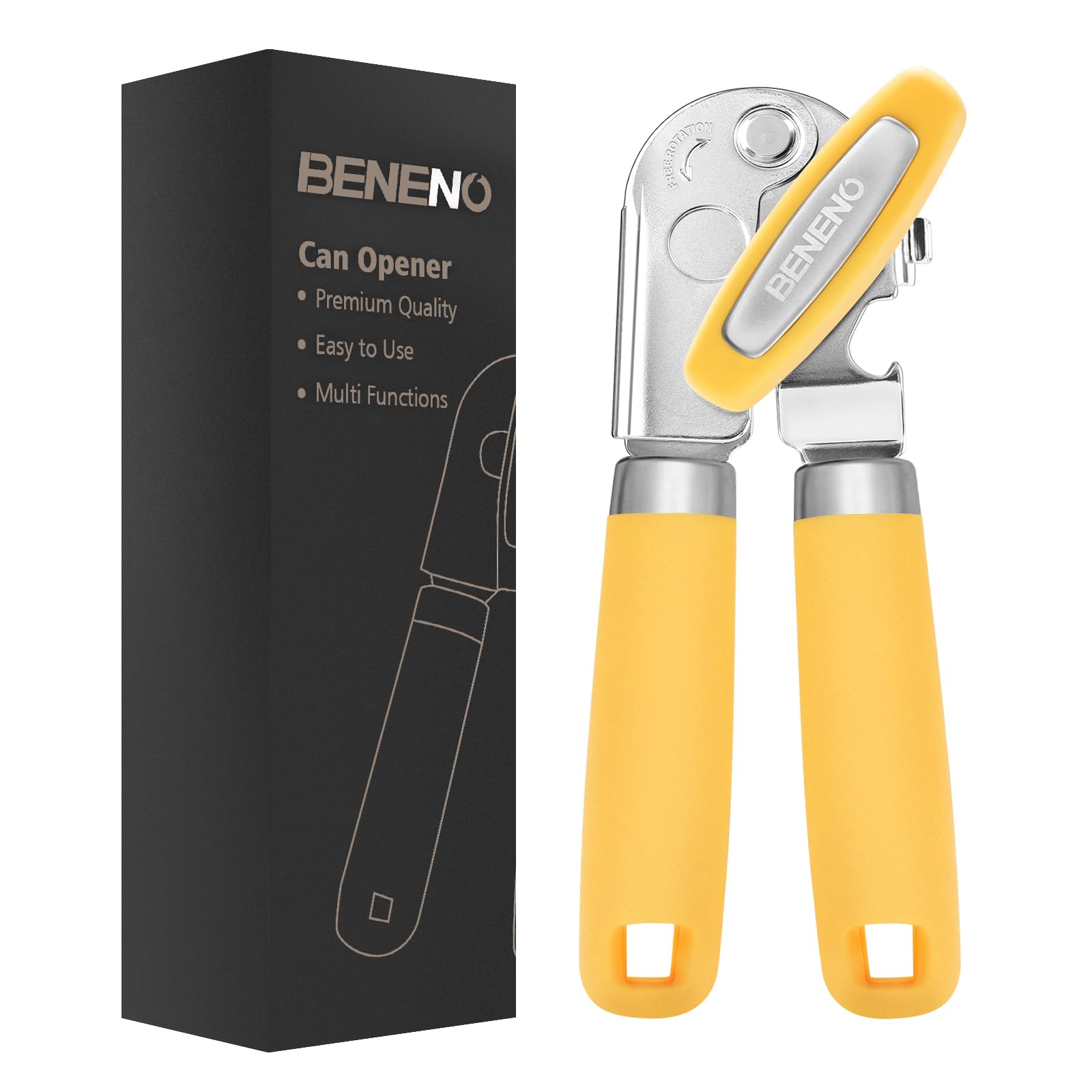 Beneno heavy-duty hand can opener with magnet and yellow handle for safe lid removal
