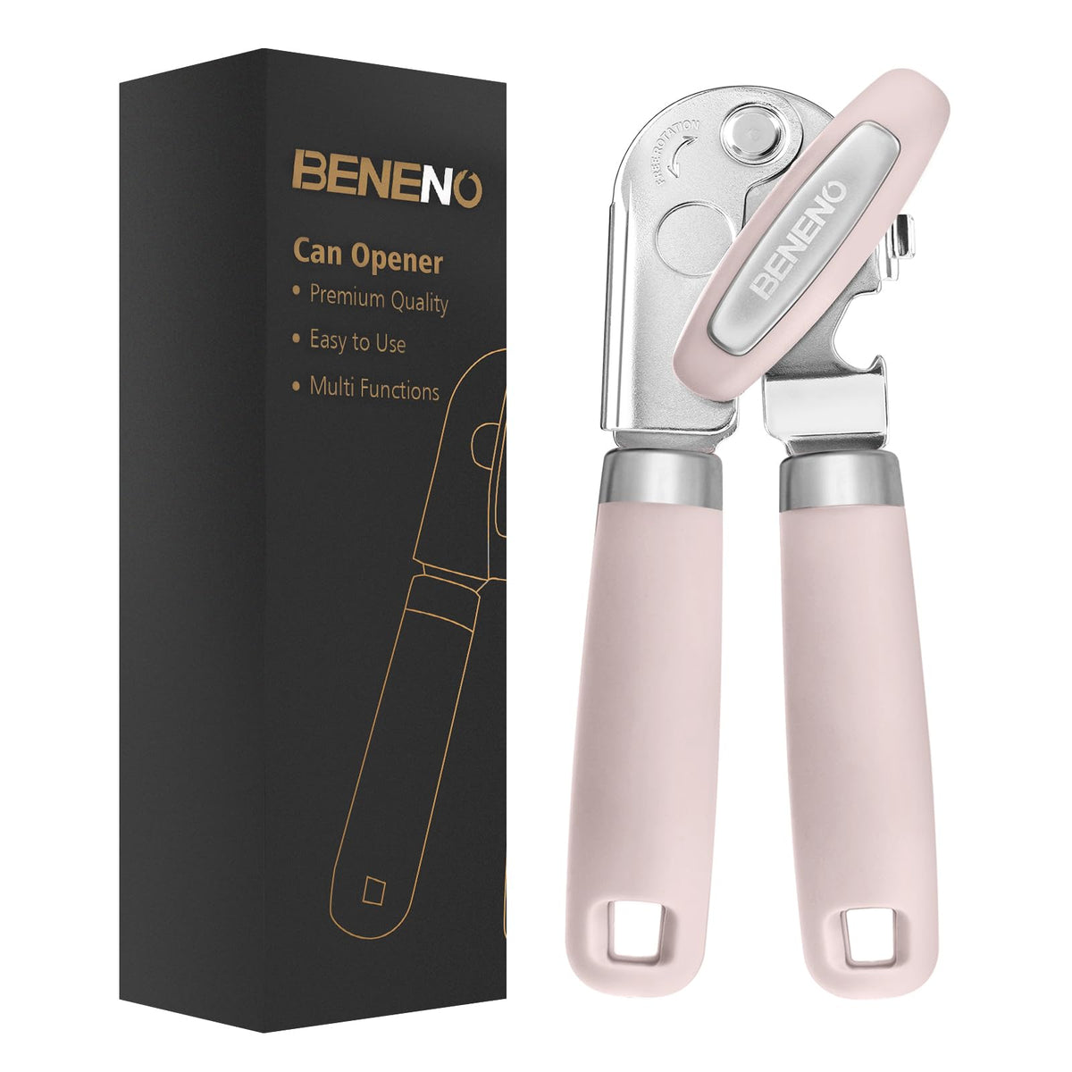 Beneno heavy-duty can opener with magnet demonstrating lid lifting
