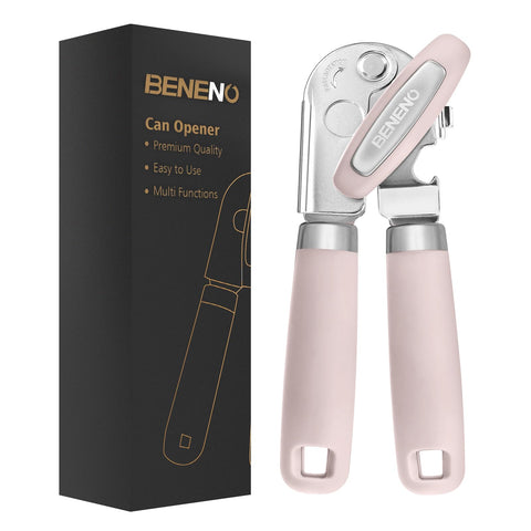Beneno heavy-duty can opener with magnet demonstrating lid lifting