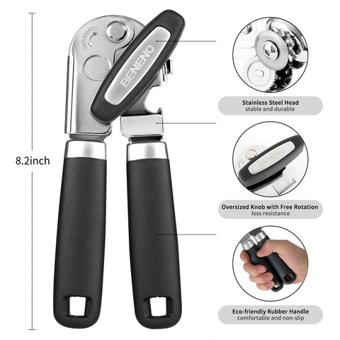 Beneno can opener blade close-up shows razor-sharp carbon steel for clean cuts.
