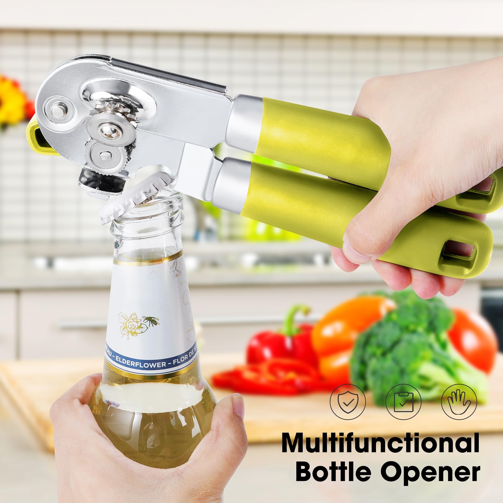 Beneno lime-green can opener shown as a durable kitchen companion.