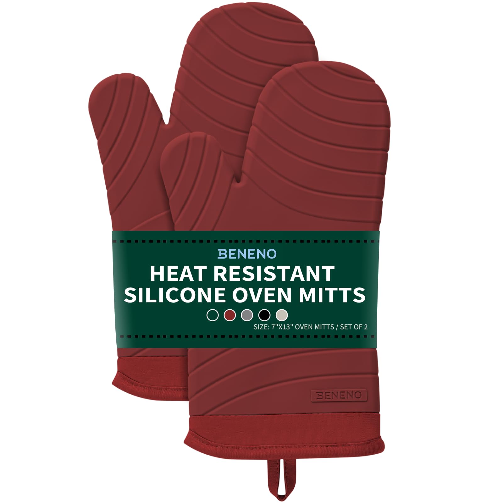Beneno oven mitts feature heat-resistant silicone for safe handling of hot pans