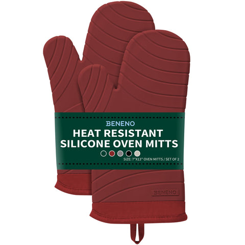 Beneno oven mitts feature heat-resistant silicone for safe handling of hot pans