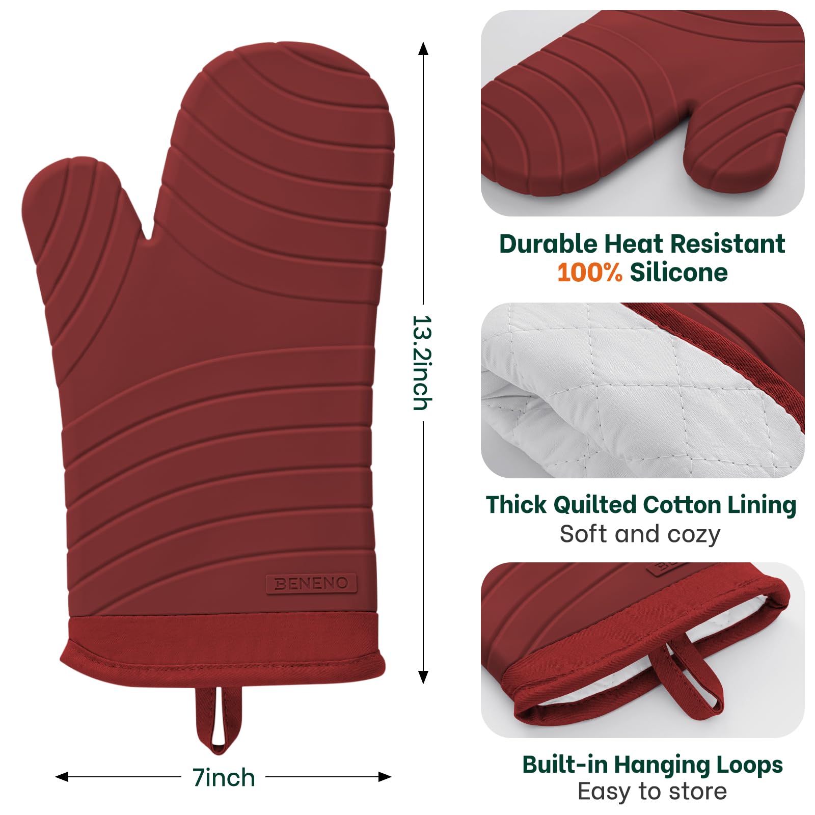 Beneno oven mitts with a non-slip textured grip for secure lifting