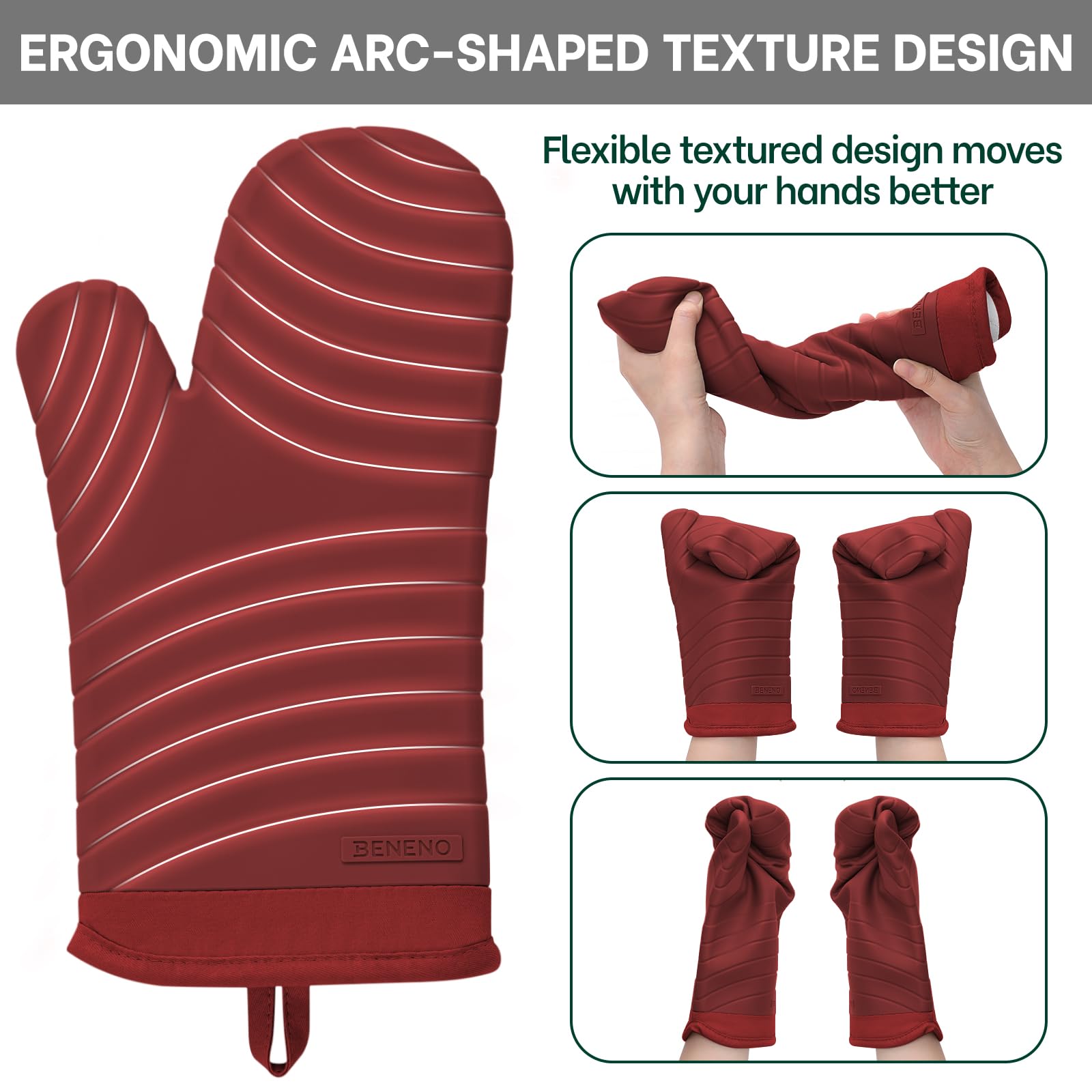 Beneno mitts show a quilted cotton lining for soft, comfortable wear