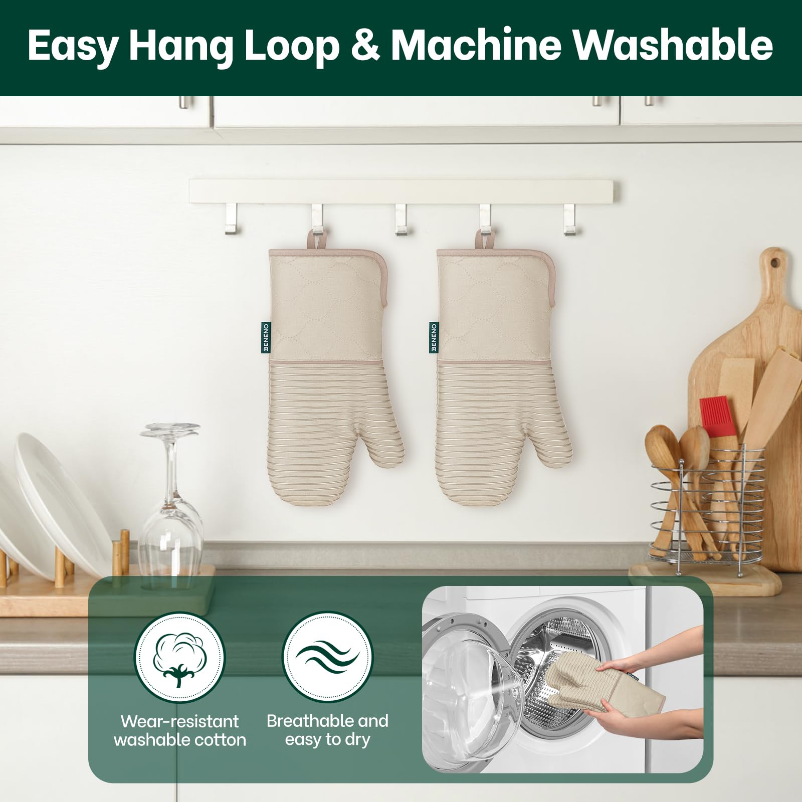 Beneno oven mitts with hanging loop for simple storage
