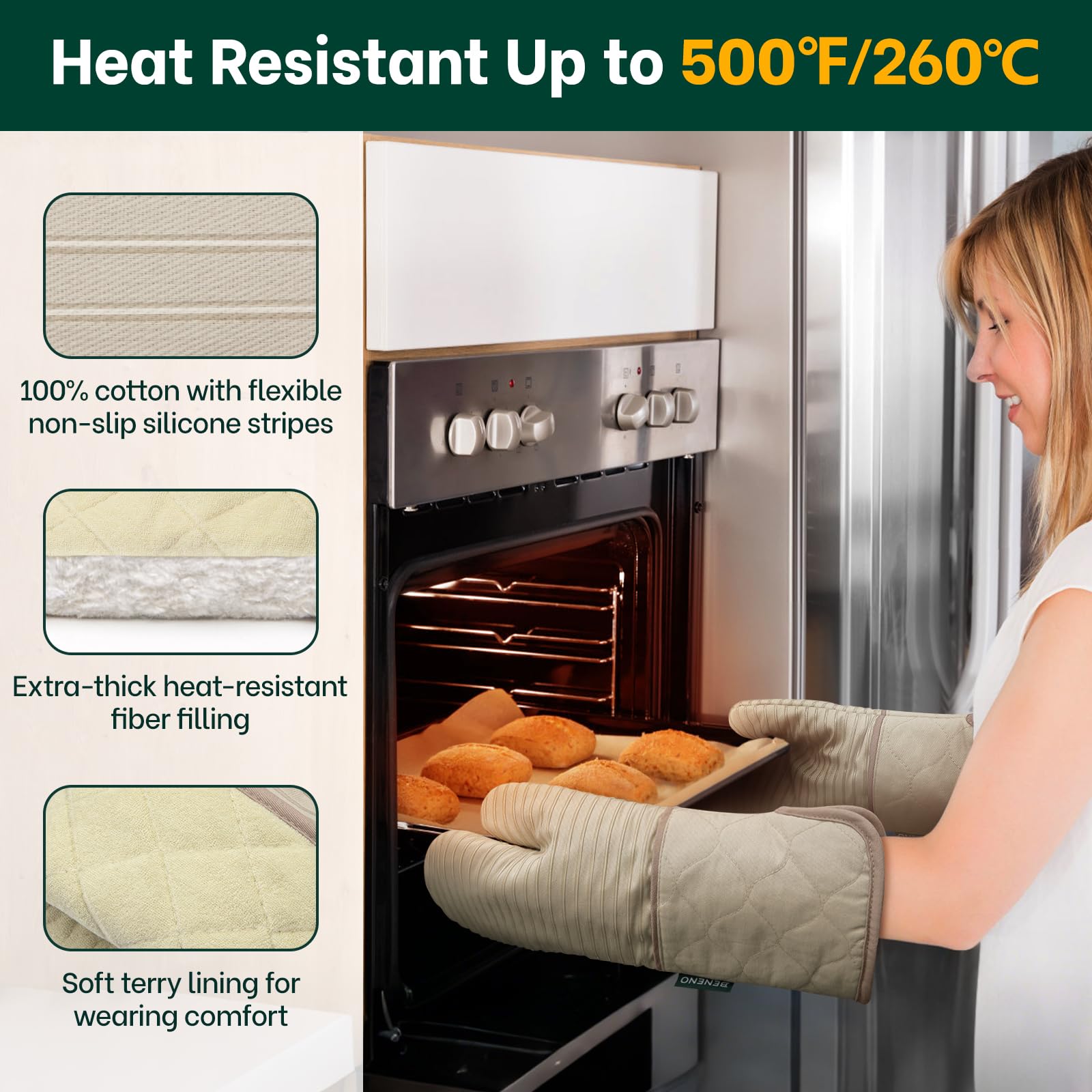 Beneno mitts with non-slip silicone grip for secure handling of hot cookware