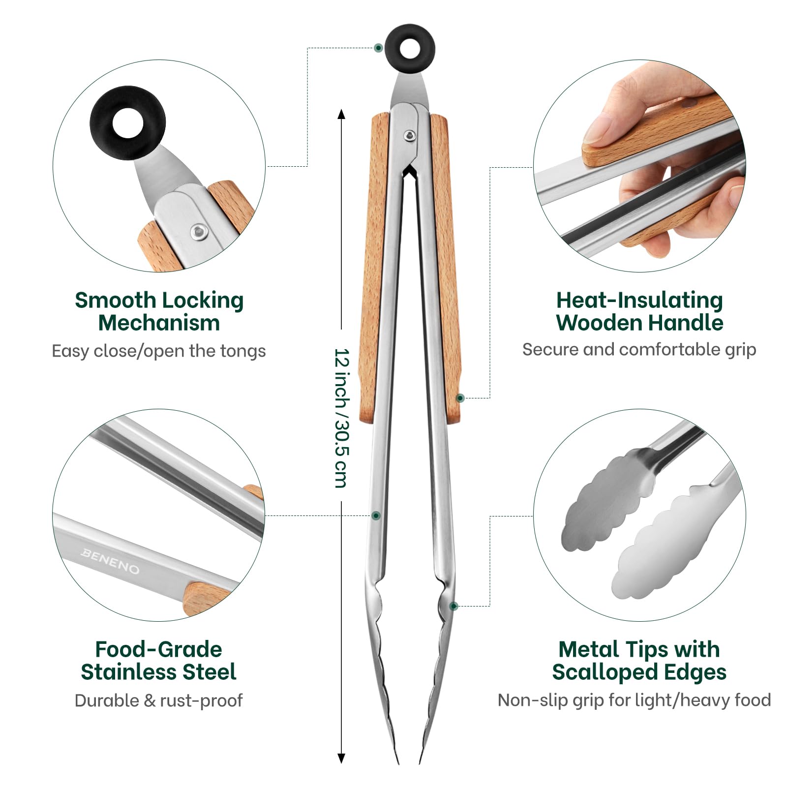 Beneno tongs with scalloped tips providing secure grip on foods