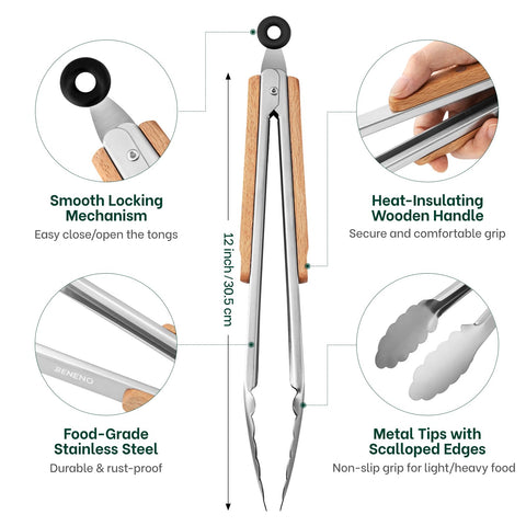 Beneno tongs with scalloped tips providing secure grip on foods