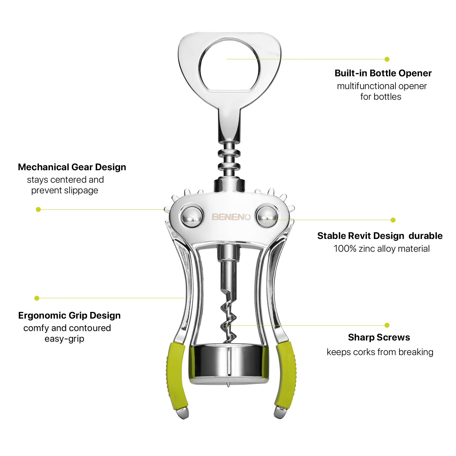 Beneno sharp-edged screw prevents cork crumbling for clean pours.