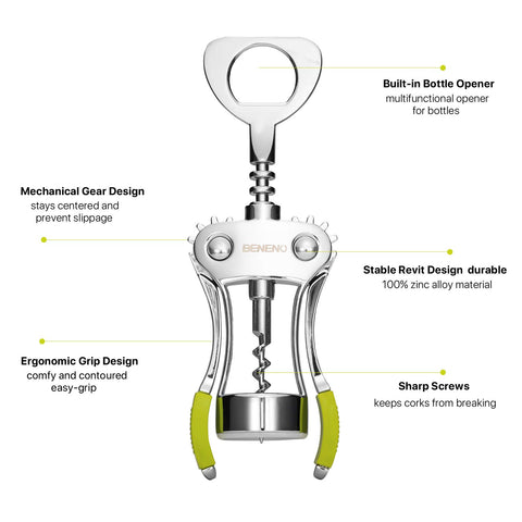 Beneno sharp-edged screw prevents cork crumbling for clean pours.