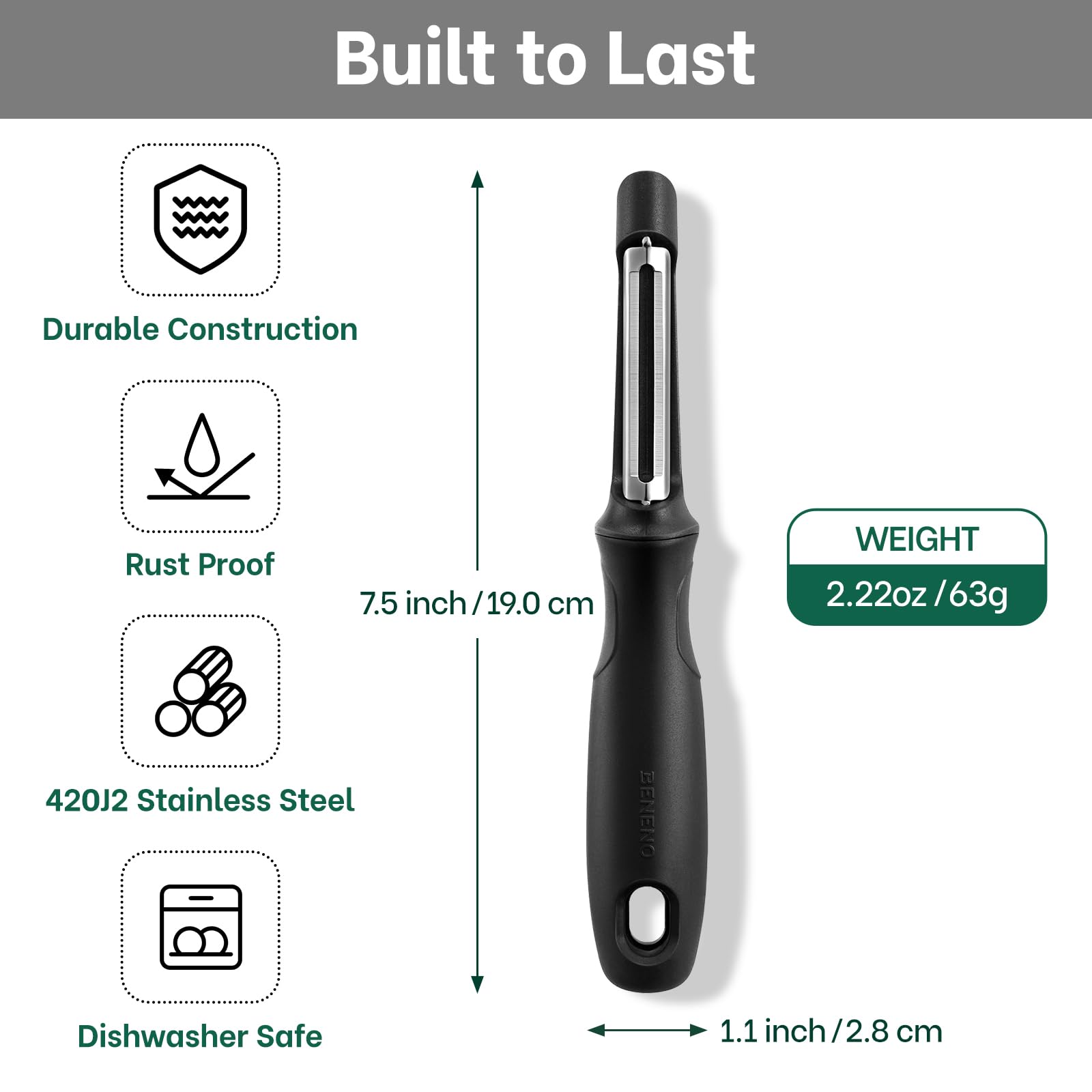 Beneno Swivel Peeler featuring ergonomic non-slip handle for comfortable, secure peeling.