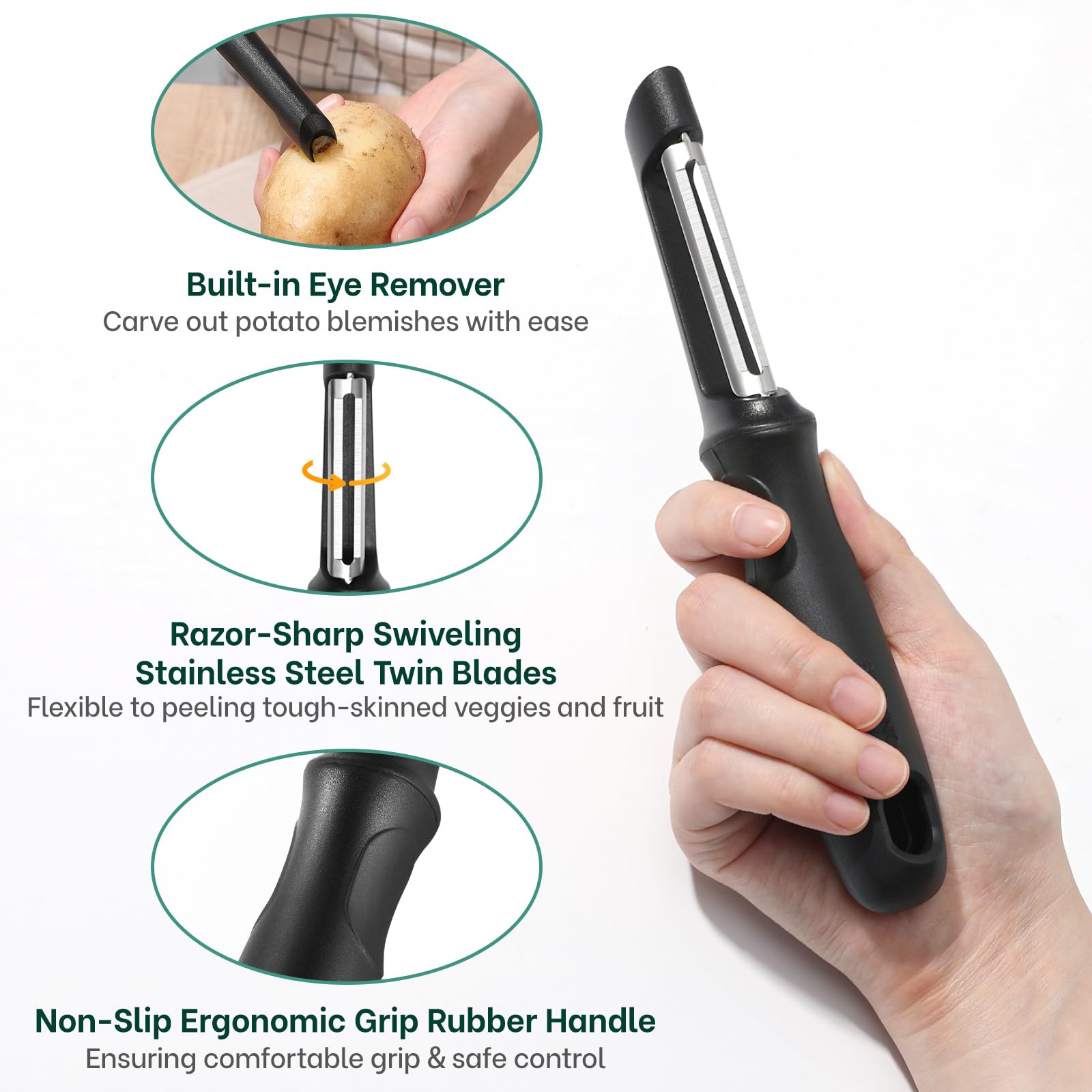 Beneno Swivel Peeler twin blades close-up for contour-friendly peeling.