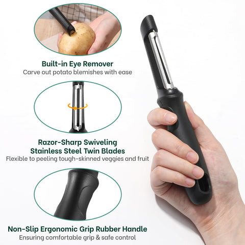 Beneno Swivel Peeler twin blades close-up for contour-friendly peeling.