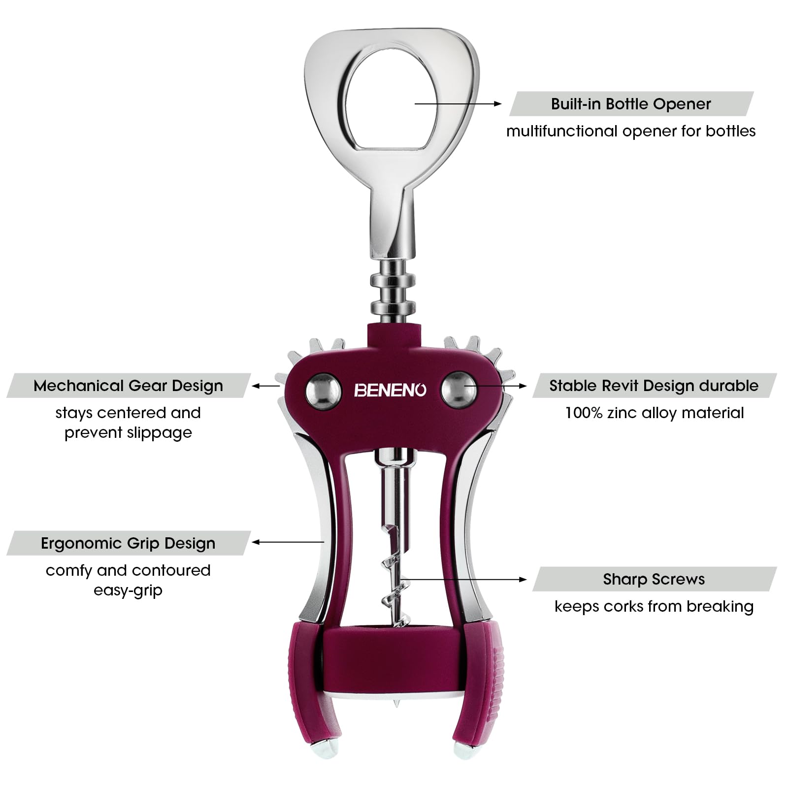 Beneno ergonomic non-slip wing handle provides grip for smooth cork removal.