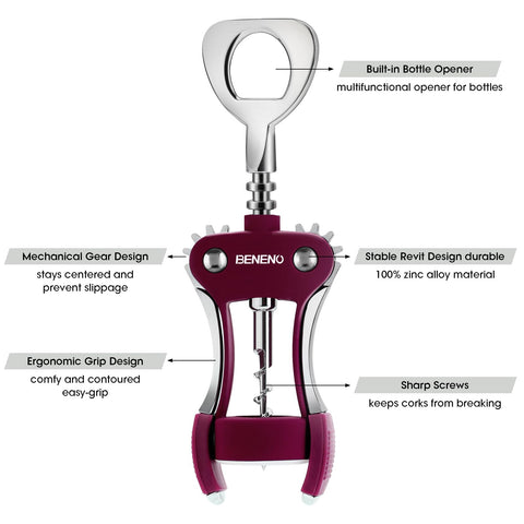 Beneno ergonomic non-slip wing handle provides grip for smooth cork removal.